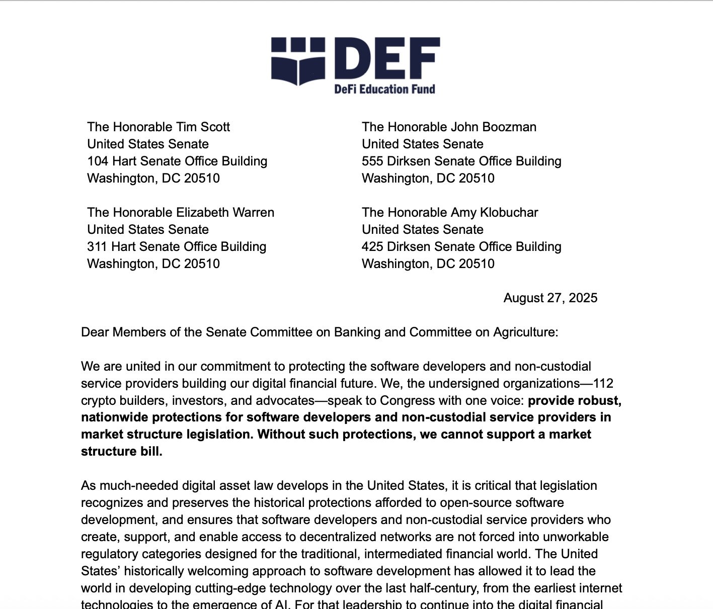 First page of the Aug. 27, 2025 ultimatum from the DeFi Education Fund — co-signed by 100+ crypto groups – urging the Senate to include explicit federal protections for developers and non – custodial providers in market – structure legislation. Source: defieducationfund.org.